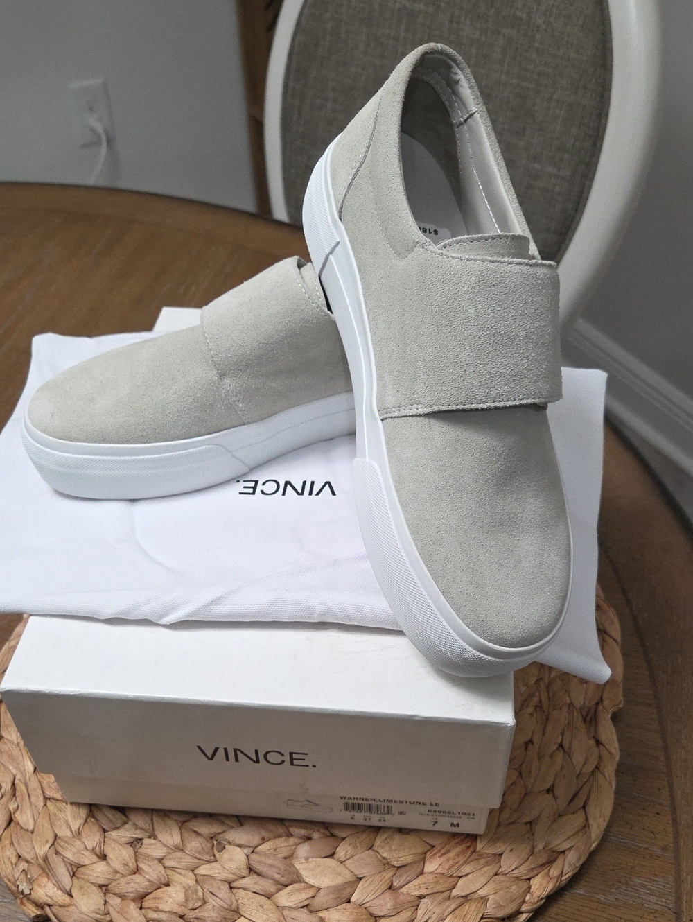 Vince Warner Limestone Suede Slip On Sneaker Size 7 Like New W/ Box & Dust Bag